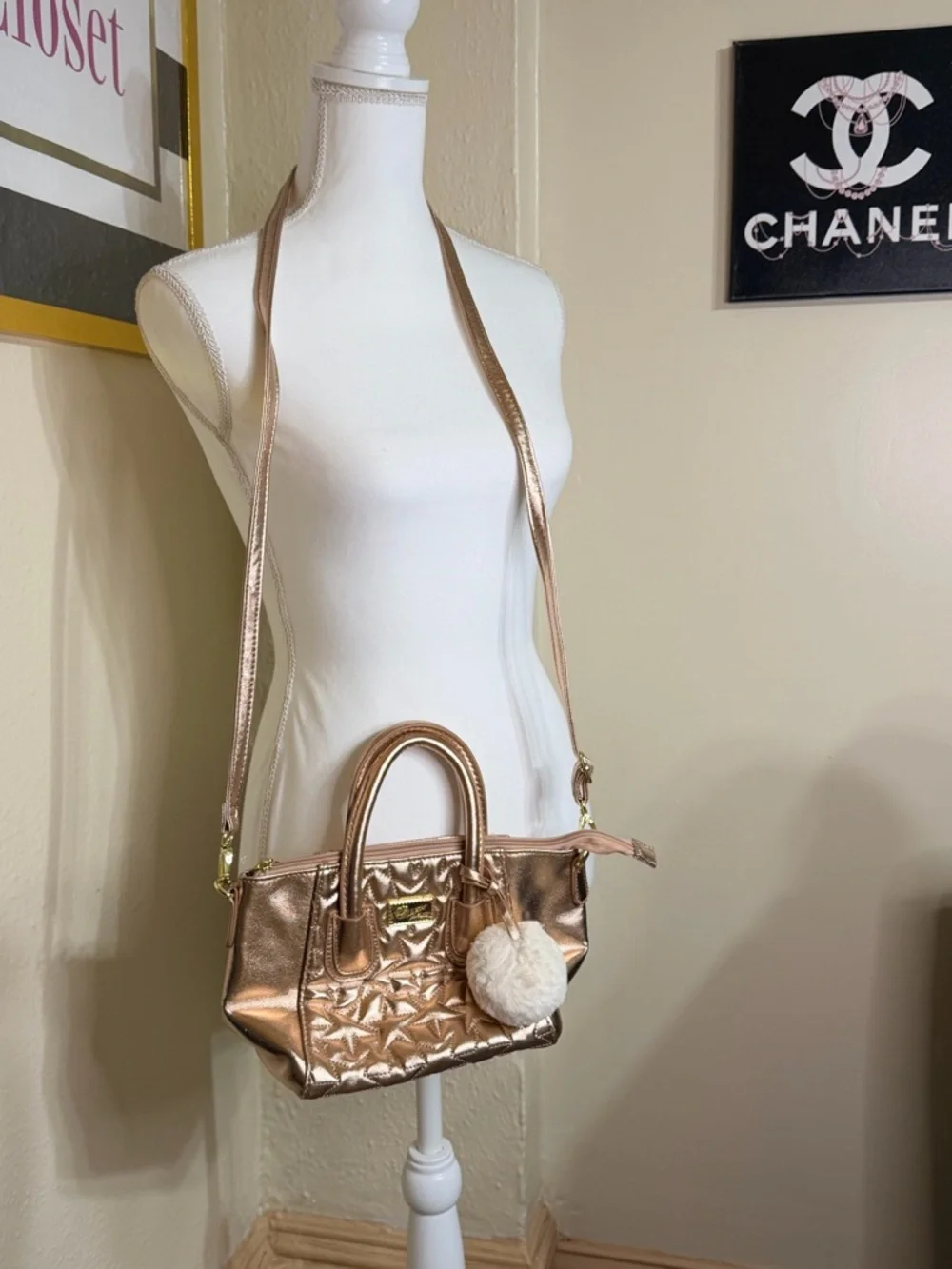 Betsey Johnson Metallic Rose Gold Quilted Star Satchel with‎ Pom